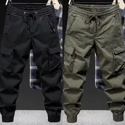 Pantalones Cargo con cintura elástica para hombre, pantalones con cordón en la cintura, múltiples bolsillos, diseño con bandas en el tobillo, deportes diarios para un