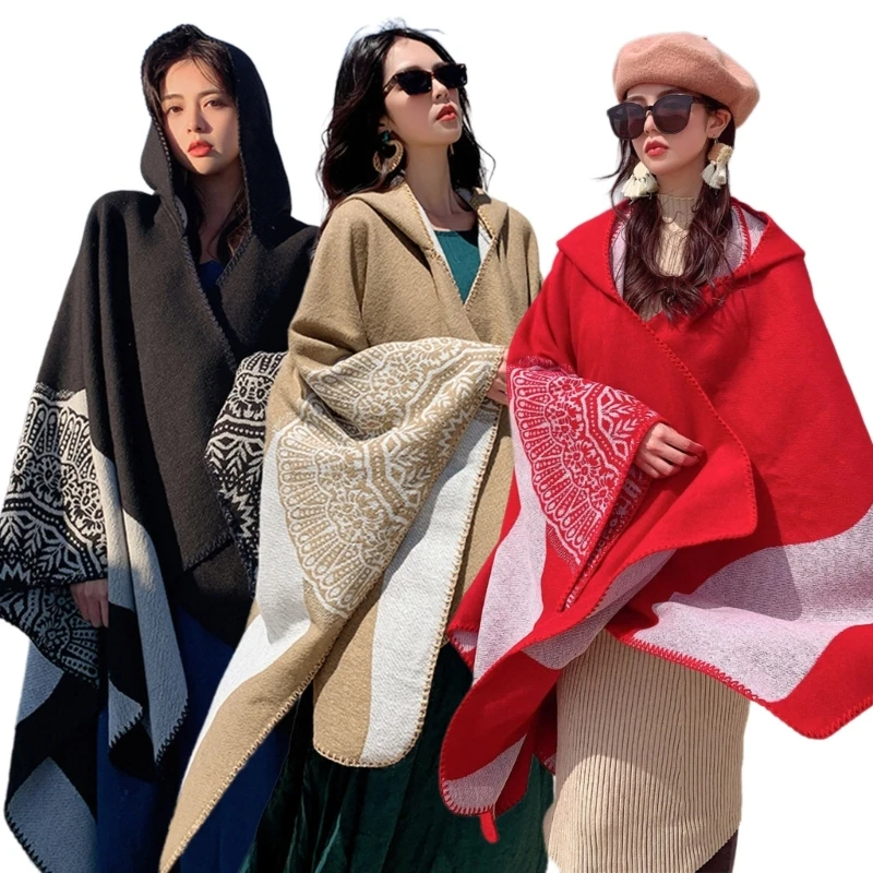 

Bohemian Hooded Poncho Cape Shawl Wrap for Women Winter Autumn Warm Knitted Blanket Open Front Sweater Coat Cardigan