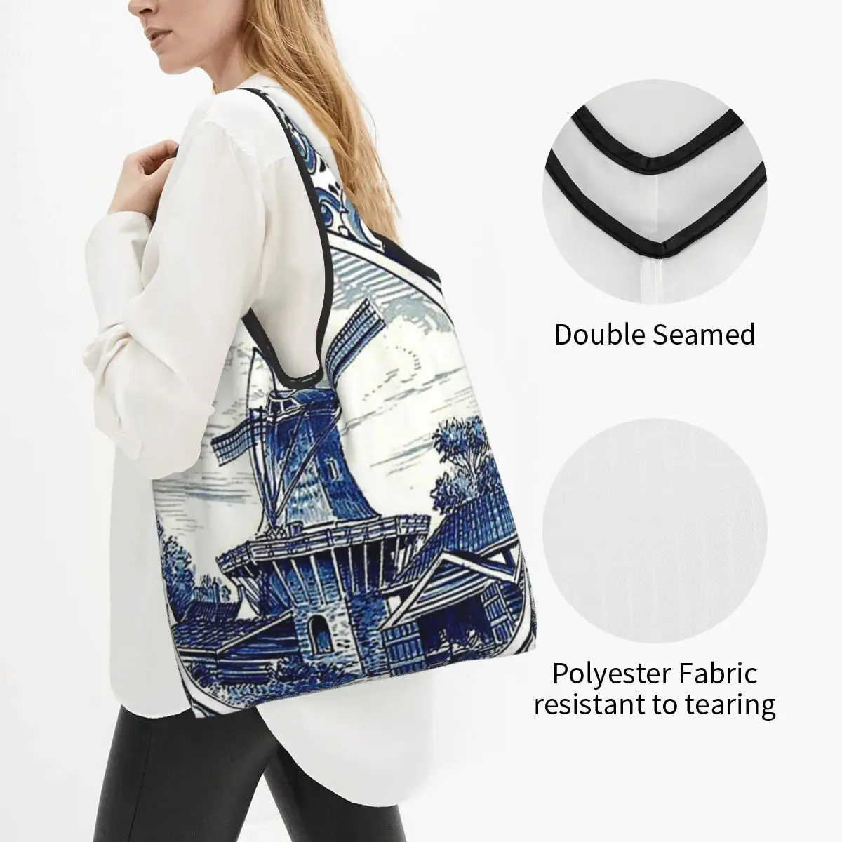 Dutch Blue Delft Vintage Windmill Print Portable Tote Shopping Bags Foldable Shopper Bag Groceries Handbag Shoulder Bag