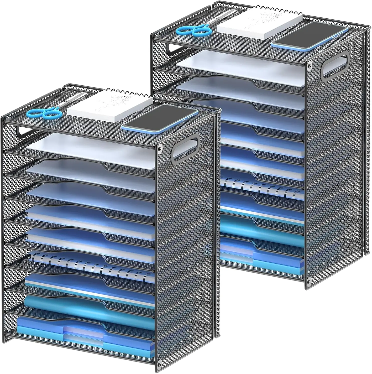 

10-уровневый сетчатый органайзер для документов с ручками для офиса и школы, черный, 2 шт.