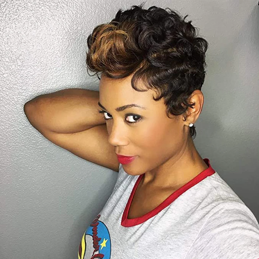 10 Inch Synthetic Black Mixed With Brown Natural Wigs For Women Short Curly Wig Daily Party Halloween Heat Resistant Hair