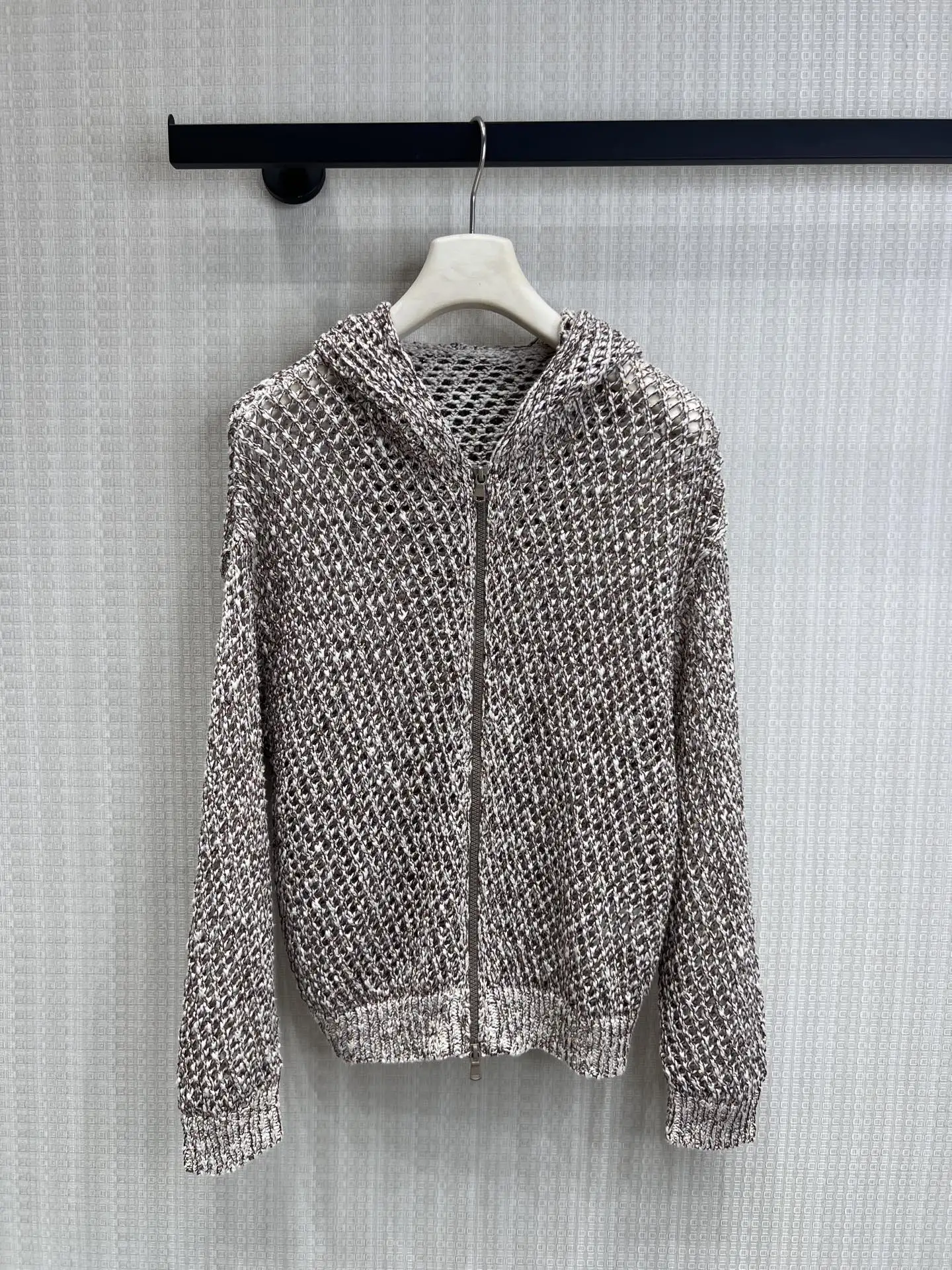 

Ladies Casual Loose Knitted Zipper Sweater Hooded Open Cardigan Hollow out Design Versatile Comfortable Cotton Long Sleeve