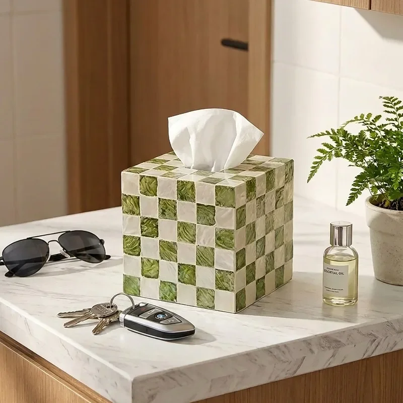 Checkerboard Shell Mosaic Tissue Box Cover, Square Decorative Napkin Holder for Living Room, Handmade Natural Shell Home Decor