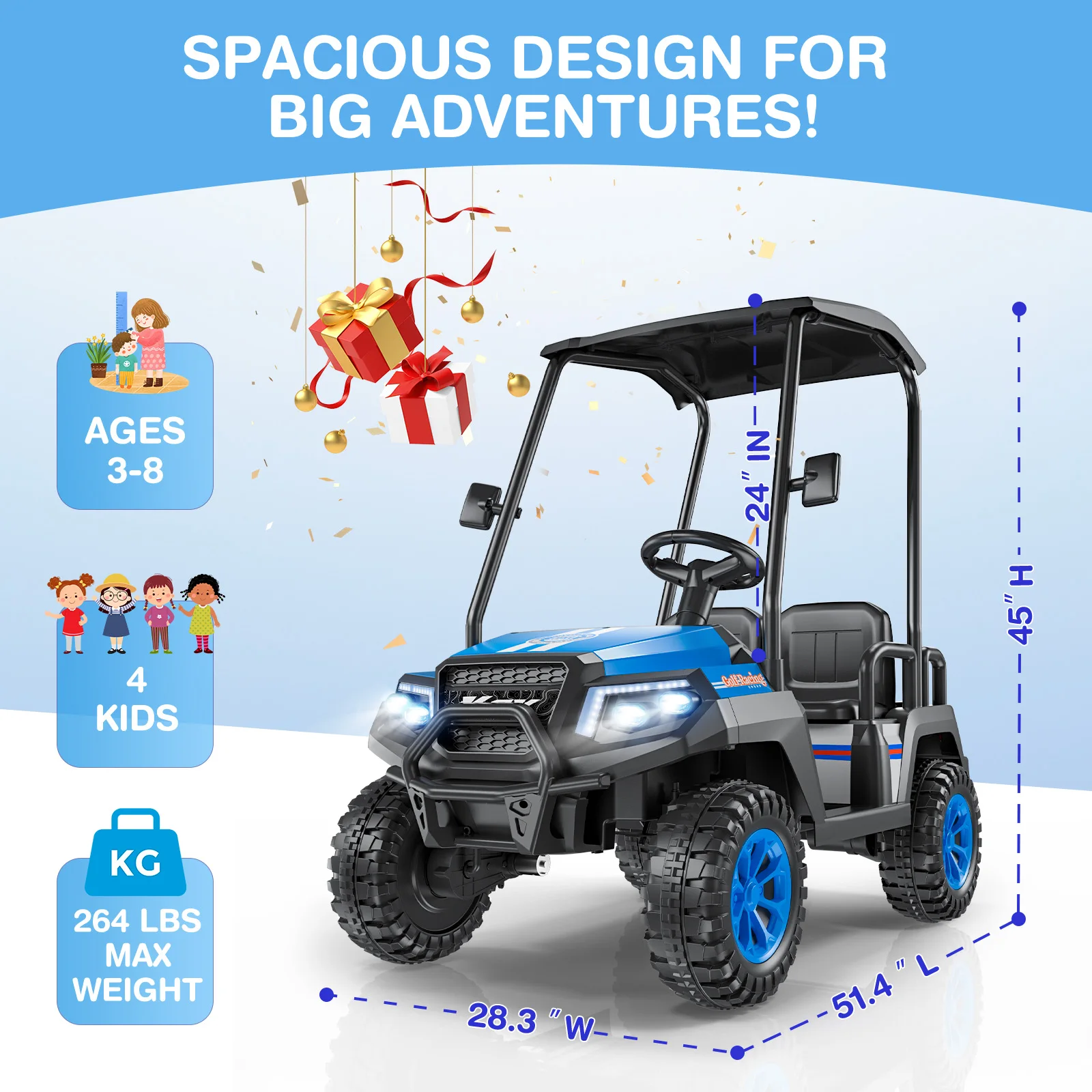 24V Ride-on Toys for Big Kids, 4-Seater Golf Cart, 264 Lbs Capacity, 4WD w/Remote, Awning, Suspension, Music & Power Display