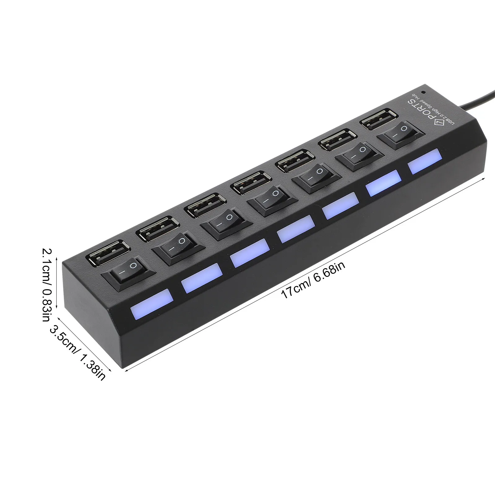 7 Port USB Hub USB 2.0 Adapter with 7 Blue LED Indicators Plug and Play for Laptop Desktop Pc Travel Office Home School