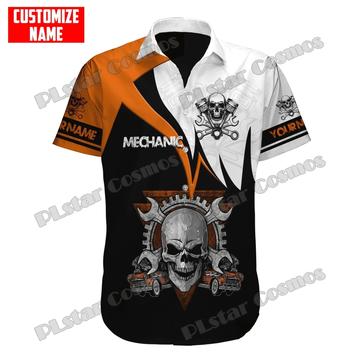 Customized Name Auto Mechanic Skull 3D Printed Men's Hawaiian Shirt Unisex Summer Casual Short Sleeve Button Down Shirts CY-39