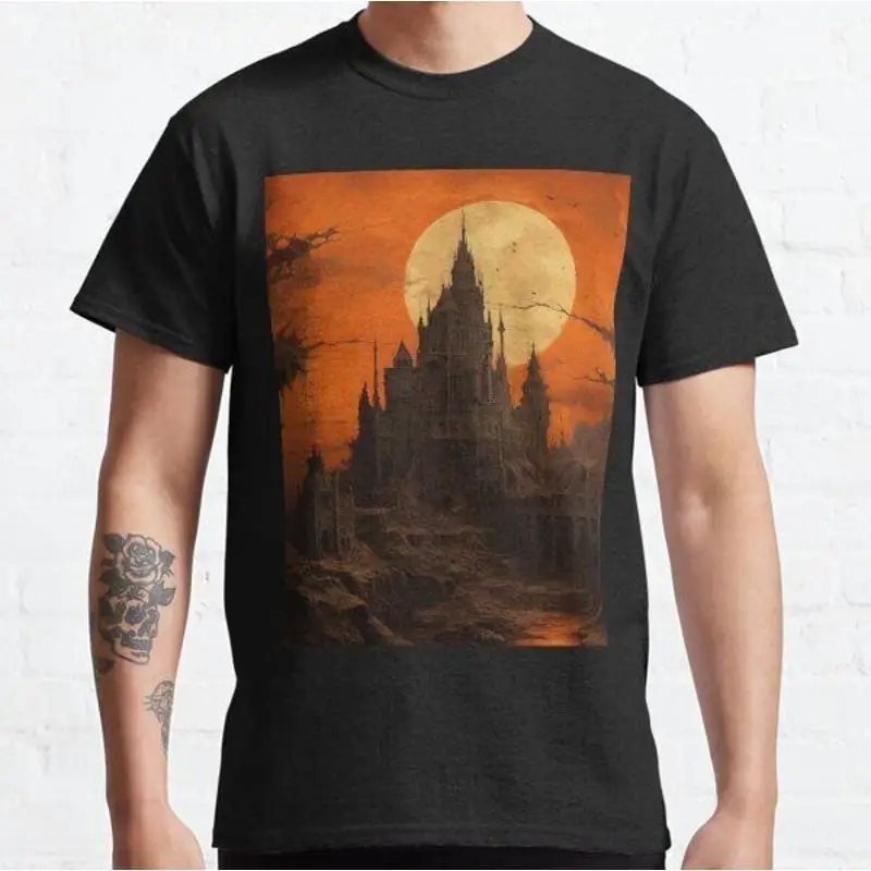 

Necropunk Castle under the Deathcore Orange Moon Good Quality T Shirt S 5XL