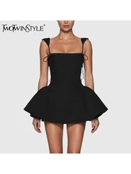 TWOTWINSTYLE Solid Spliced Lace Up Slimming Mini Dresses For Women Square Neck Sleeveless High Wiast Dress Female Fashion Style