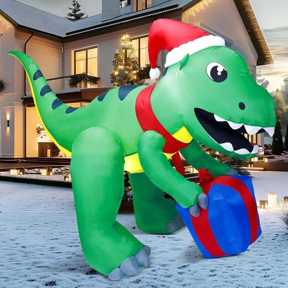 

5ft Tall Dinosaur Christmas Inflatable Decoration with Gift Box Inflatable Build-in LEDs, Light Up Giant Christmas Holiday Décor