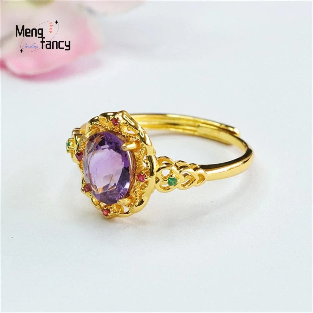 Natural Amethyst Simple Exquisite Ring Coloured Gemstone High-grade Elegant Luxury Fashion Jewellery Couple Promise Holiday Gift