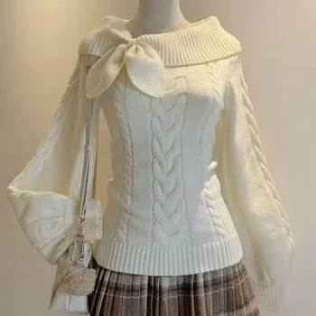 Y2K Korean Style Bow Knitted Pullover Female Sweet Japanese Slim Sweater Office Lady Autumn Winter Solid Fashion Outfits 3