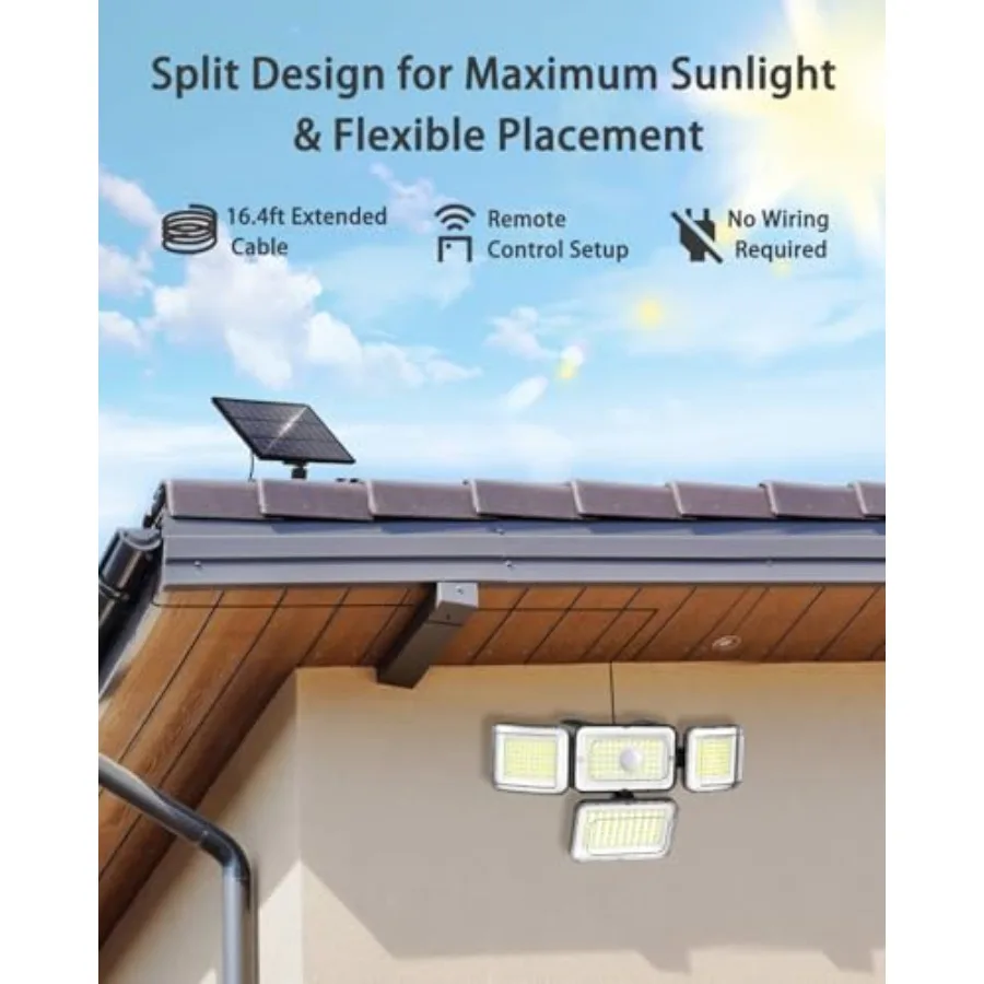 Solar Outdoor Lights Motion Sensor 3500LM 288 LED Solar Security Lights with Remote Control IP67 Waterproof 4 Heads Solar Flood