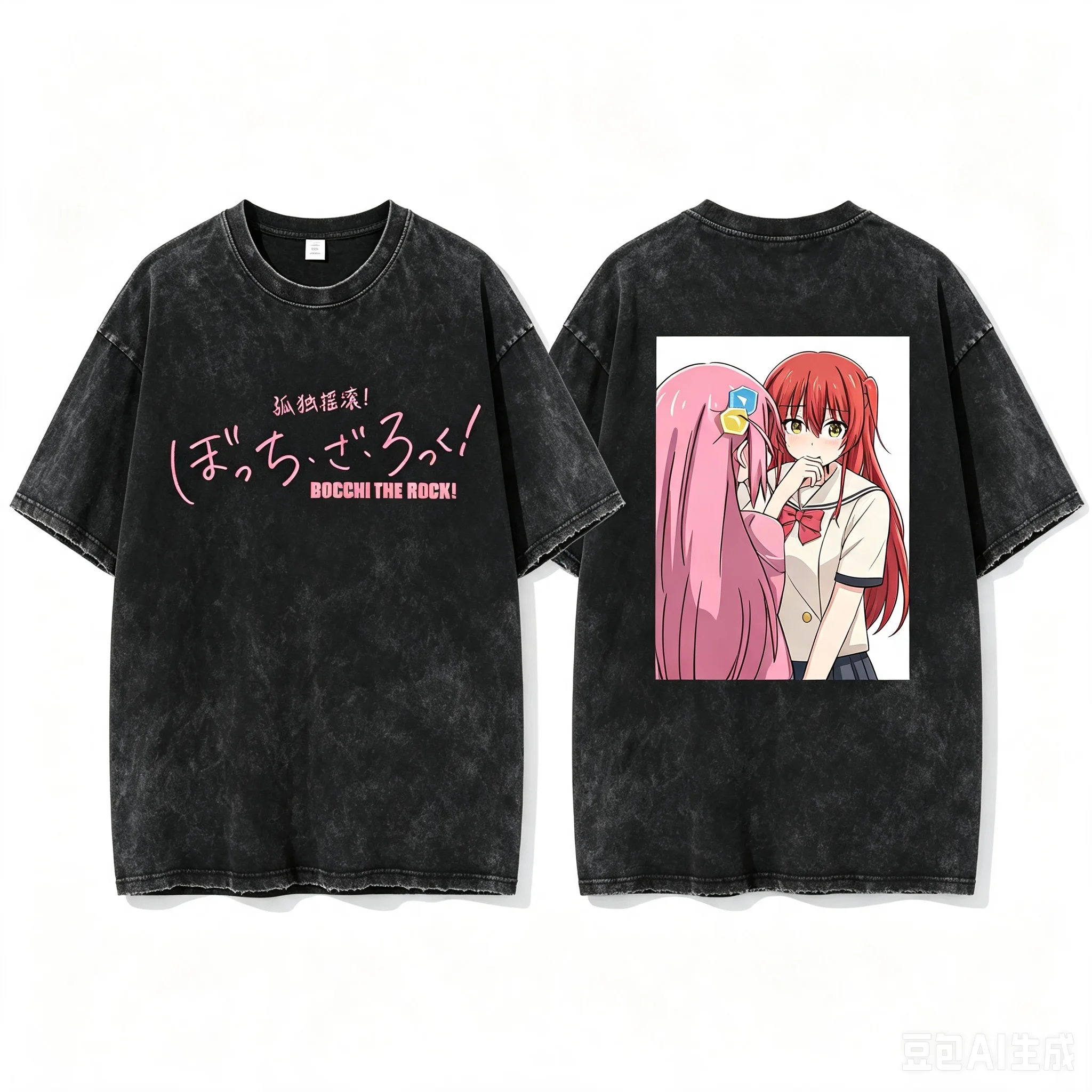 Hitori Gotoh & Ikuyo Kita Bocchi The Rock! School Uniform Interaction Double Sided Graphic Washed Crew Women And Men T-shirt