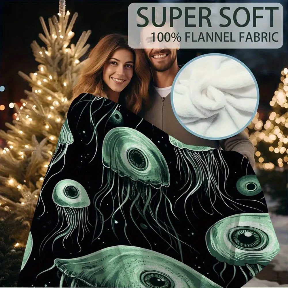 1pc 60x80 Inch Single-Sided Printed Blanket - Green Jellyfish Eyes & Tentacles Seamless Pattern, Dark Starry Background