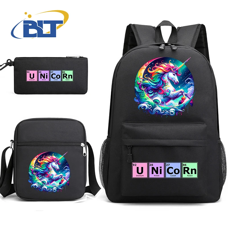 Cute unicorn print student school bag set youth backpack shoulder bag pencil case 3-piece set kids back-to-school gift