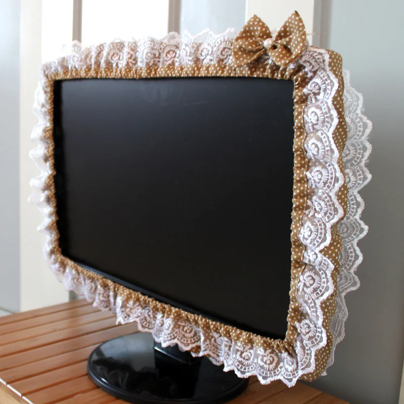 Lace Fabric Computer Frame Cover Monitor Screen Dust Cover With Elastic Pen Pocket Bow Home Decorations