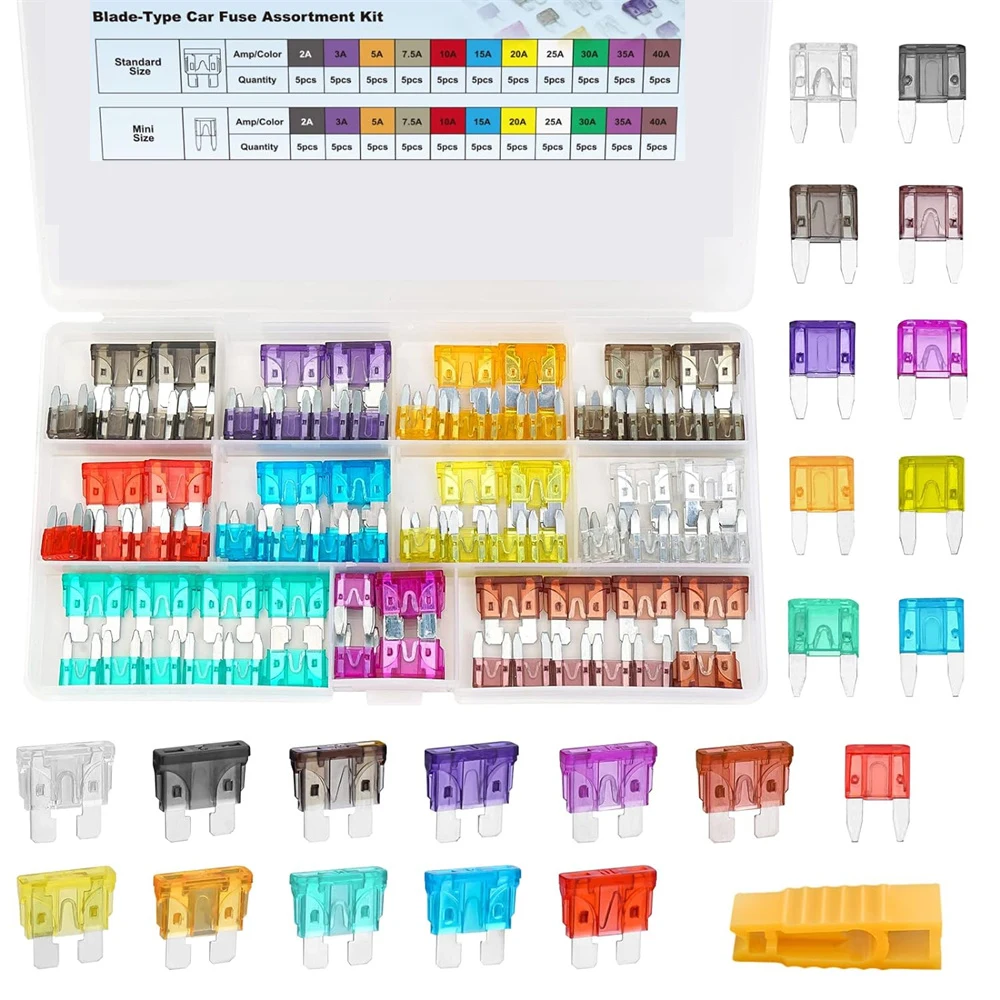 110pcs Blade-Type Fuses Kit, Standard & Mini Size (2A/3A/5A/7.5A/10A/15A/20A/25A/30A/35A/40A) for Car/RV/Truck/Motorcycle/Boat