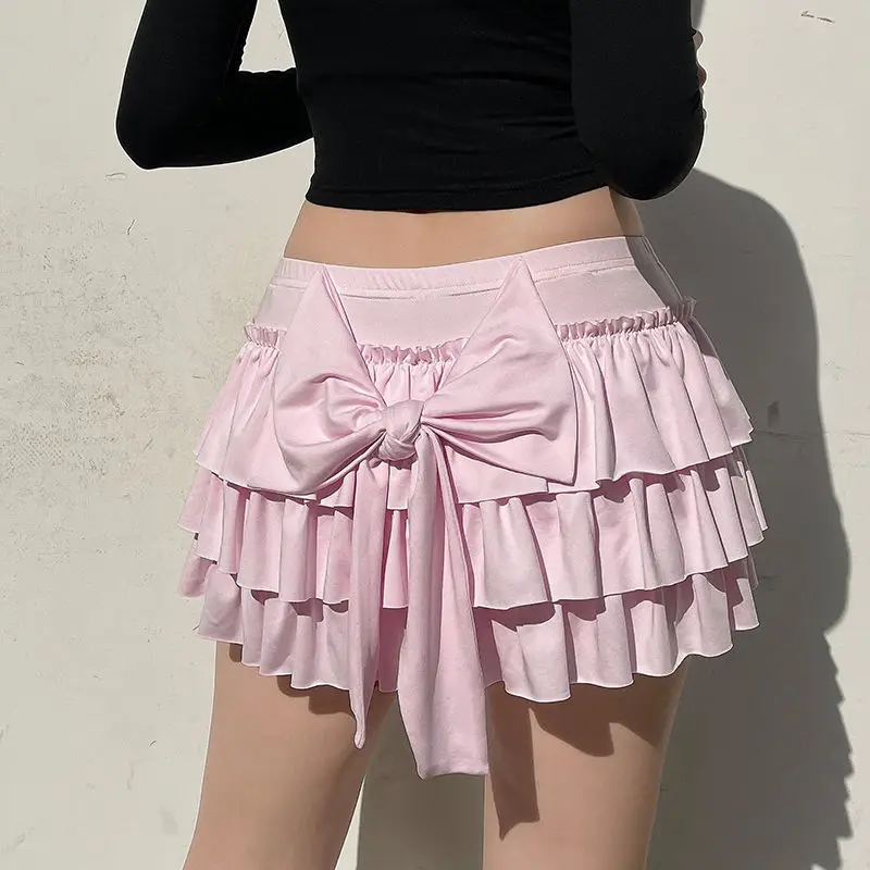 Deeptown Coquette Pink Sexy Mini Skirt Women Ruffle Bow Sweet Kawaii Layered Short Skirt Lolita Pleated Solid Y2k Casual Skirts