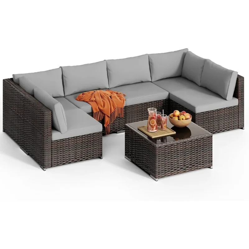 QQsun 7-Piece Sectional , PE Rattan Outdoor Furniture Patio Conversation Set with Cushions and Glass