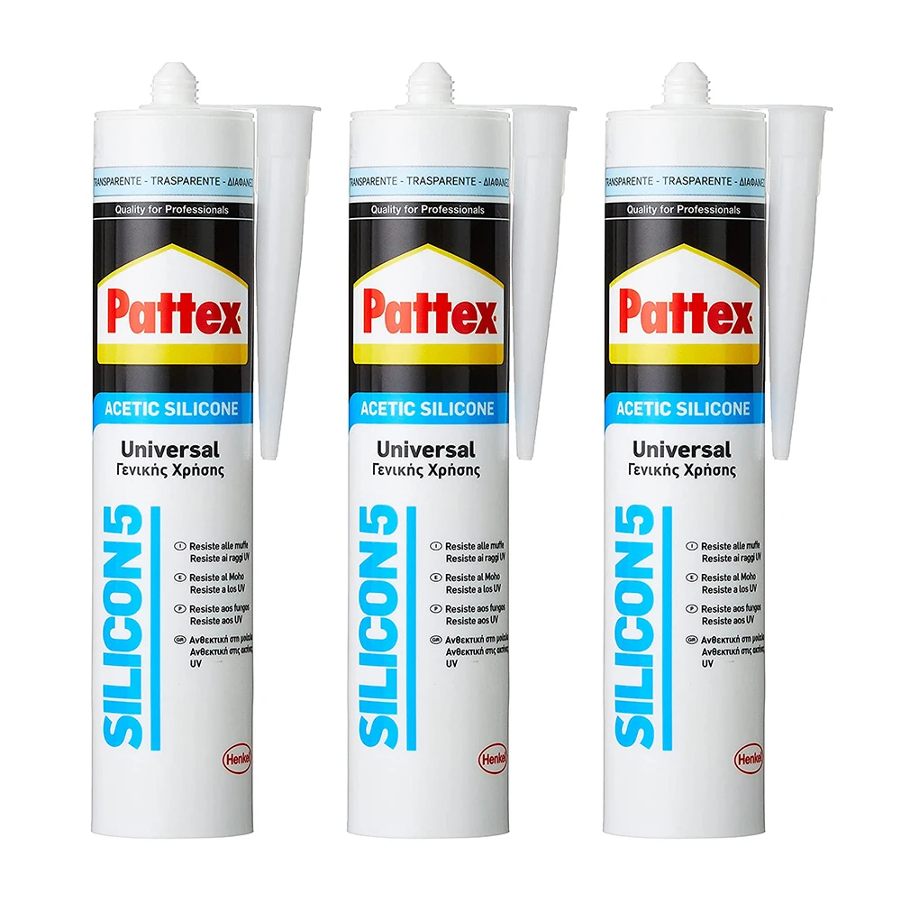 Pack de 3 cartuchos Silicona Transparente Universal Pattex Silicon 5 | Adhesivo sellador ideal exteriores | Color translúcido