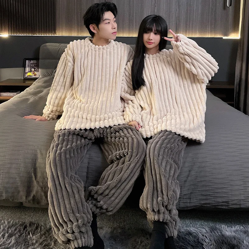 Yasuk Winter Women\'s Men Casual Warm Soft Pullover Sleepwear Pajamas With Pants Velvet Fleecel Couple Unisex Simple Stripes