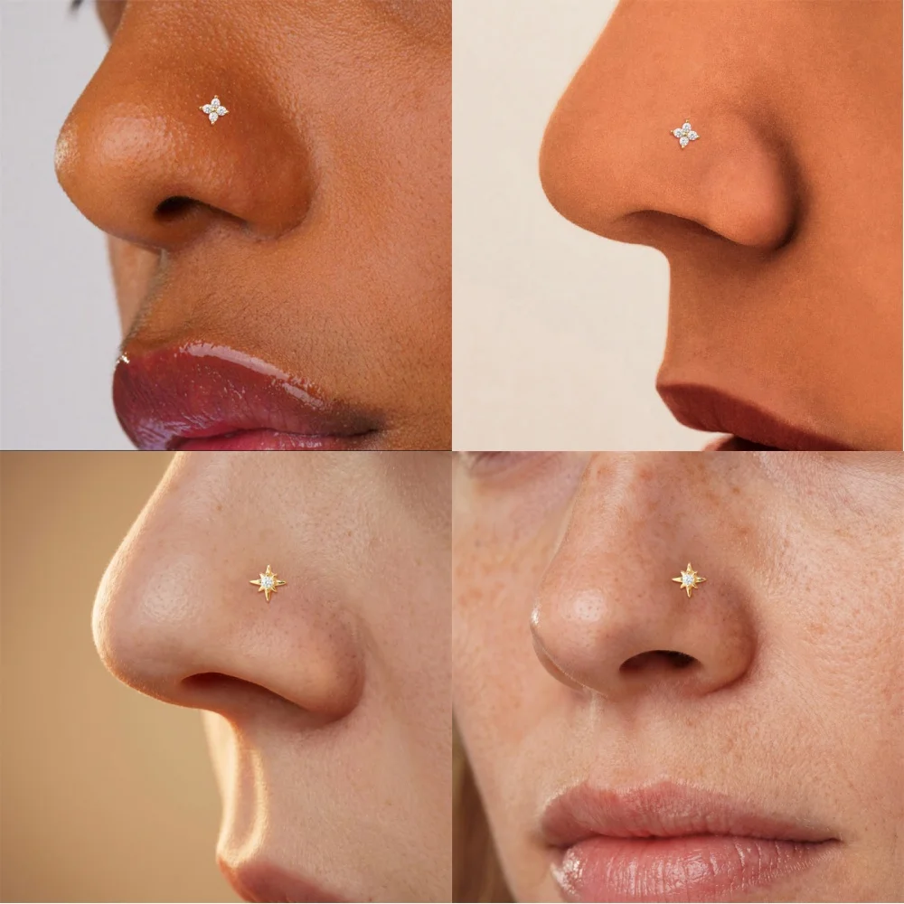 BOAKO 1PC Piercing de Plata de Ley 925 con Circonita Brillante, Diseño de Flor y Octagrama, Joyería para Mujer, Accesorio para Uso Diario, Banquetes y Citas