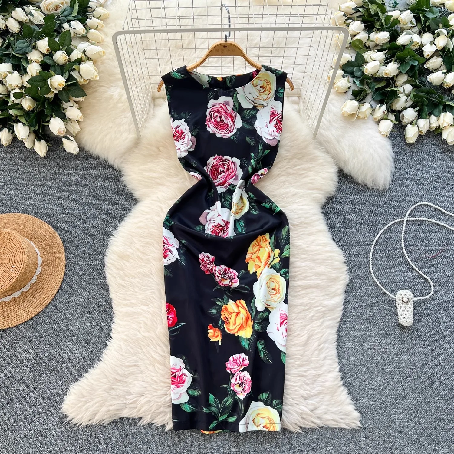 

Summer Gorgeous Flower Split Tank Dress Evening Sleeveless Club Wear Women Floral Dress Bodycon Summer Clothes Vestidos
