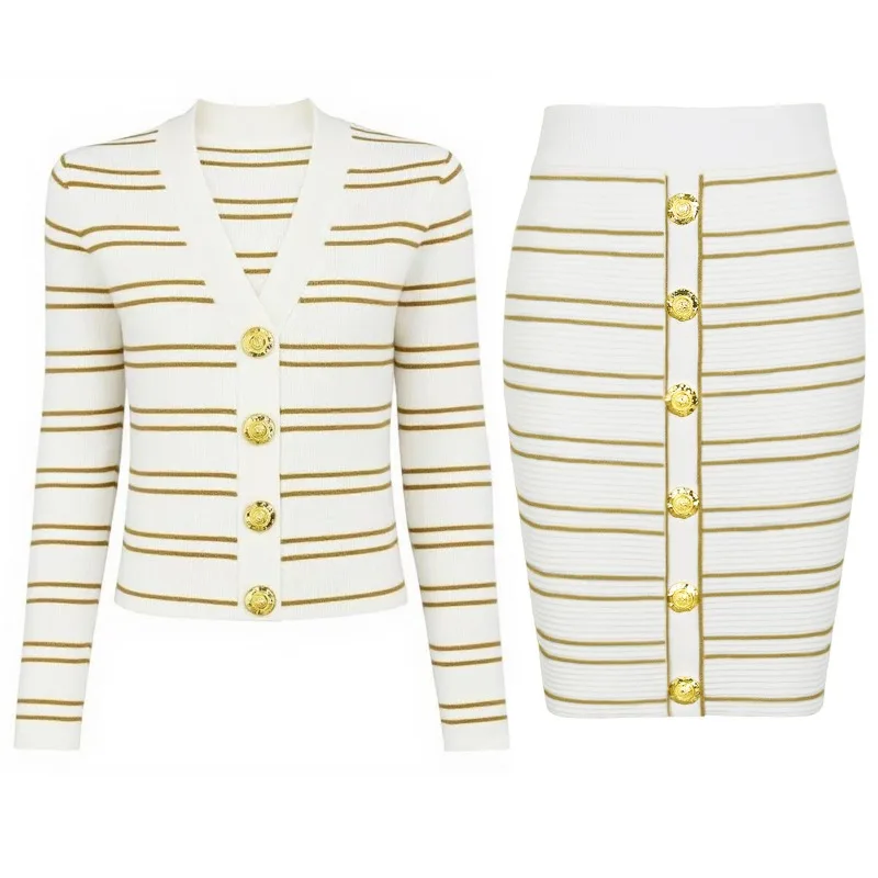 Customized 25145 High Quality Spot Fashion Internet Celebrity Knitted Gold Thread Top Coat+Skirt Set