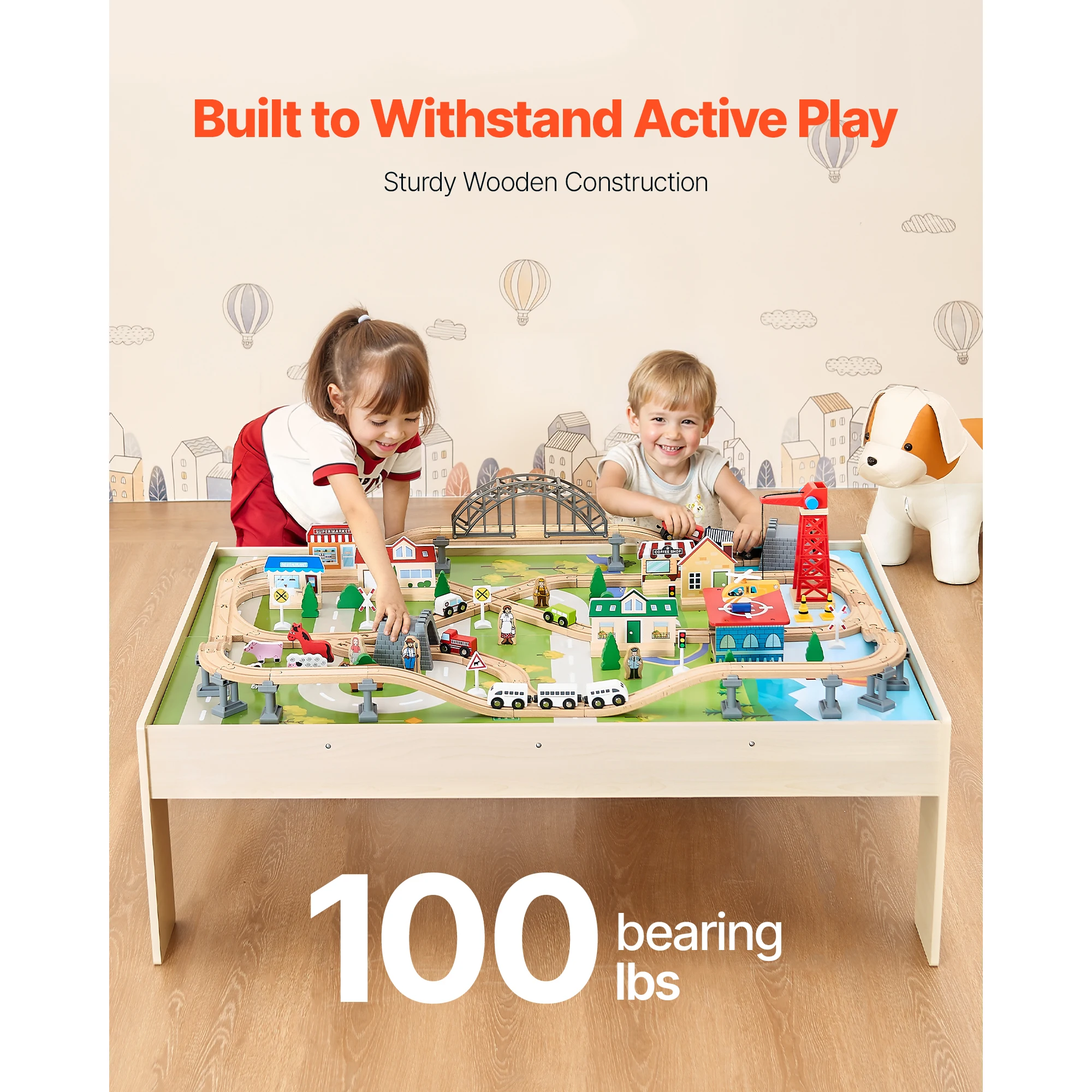 SucceBuy Table de Train en bois 3 en 1, 120 pièces, accessoires multicolores, Table d'activité pour enfants, ensemble de jouets pour enfants, jeu, dessin, lecture