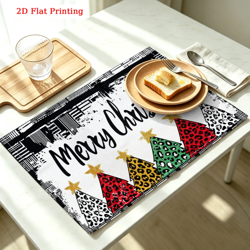 Merry Christmas Leopard Print Trees Kitchen Placemat Coaster Linen Pad Dish Coffee Cup Table Mat 30x40cm Home Decor
