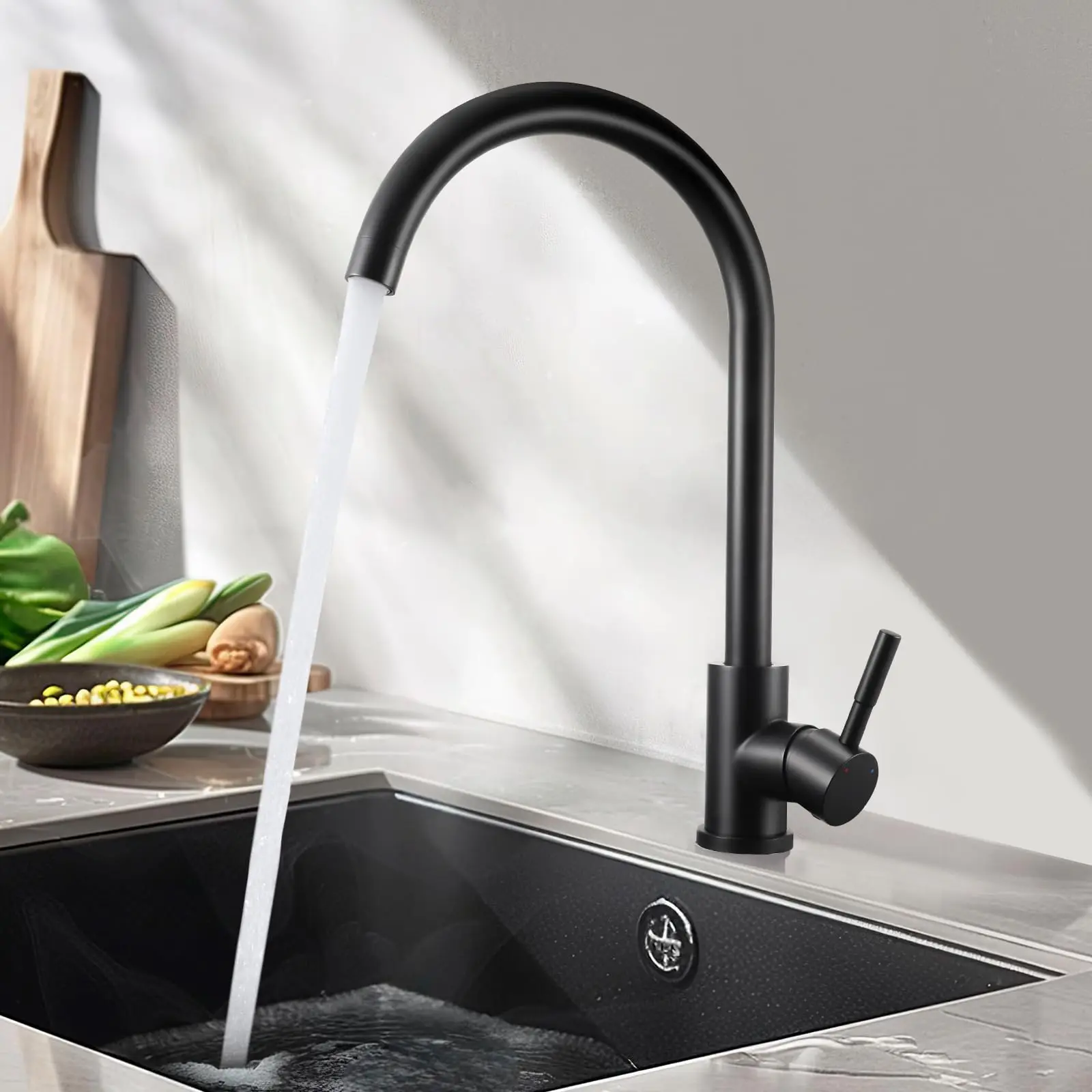 Oeegoo Kitchen Tap, Black, Kitchen Tap Made of Stainless Steel, 360° Swivel Mixer Tap with High Spout, Suitable for Sinks