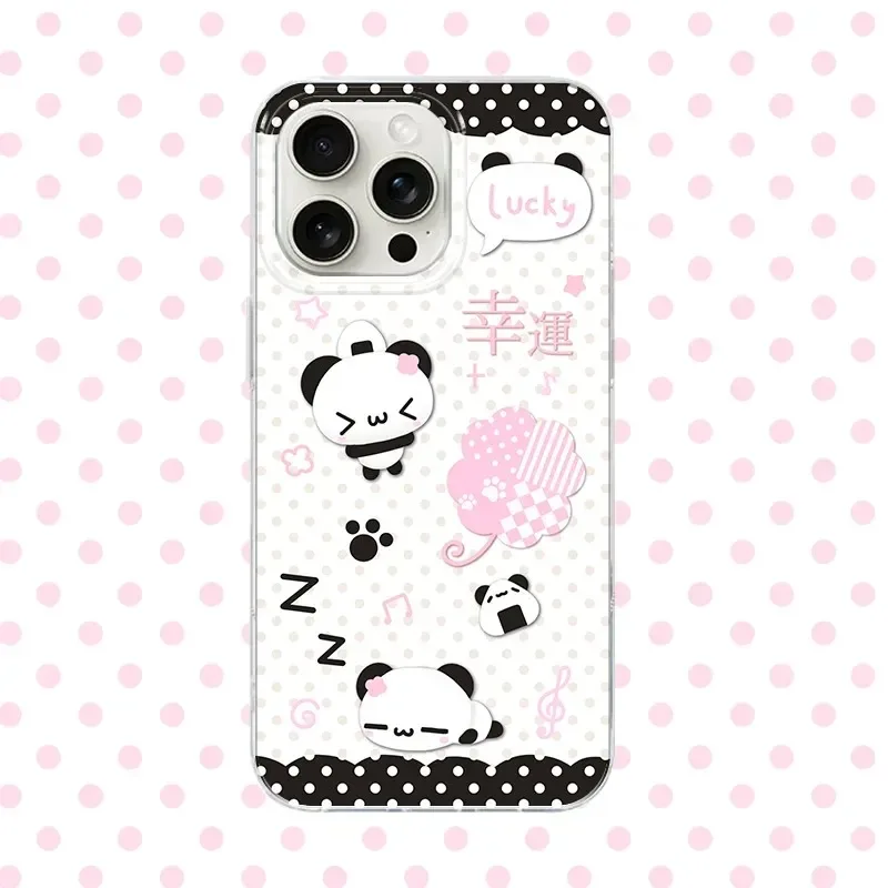 Cartoon Cute Panda Ins Pink Green Wave Dot Lucky Clover Phone Case For iPhone 17 Air 16 15 14 13 12 11 Pro Max 16 Plus Y2K Cover