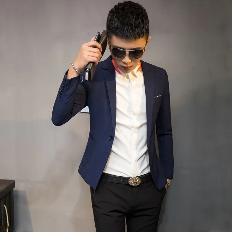 

Casual Slim Fit Men's Spring New Sle Briti Youth Jaet Korean Version Single Button Suit Coat Long Sve Adult Full Length