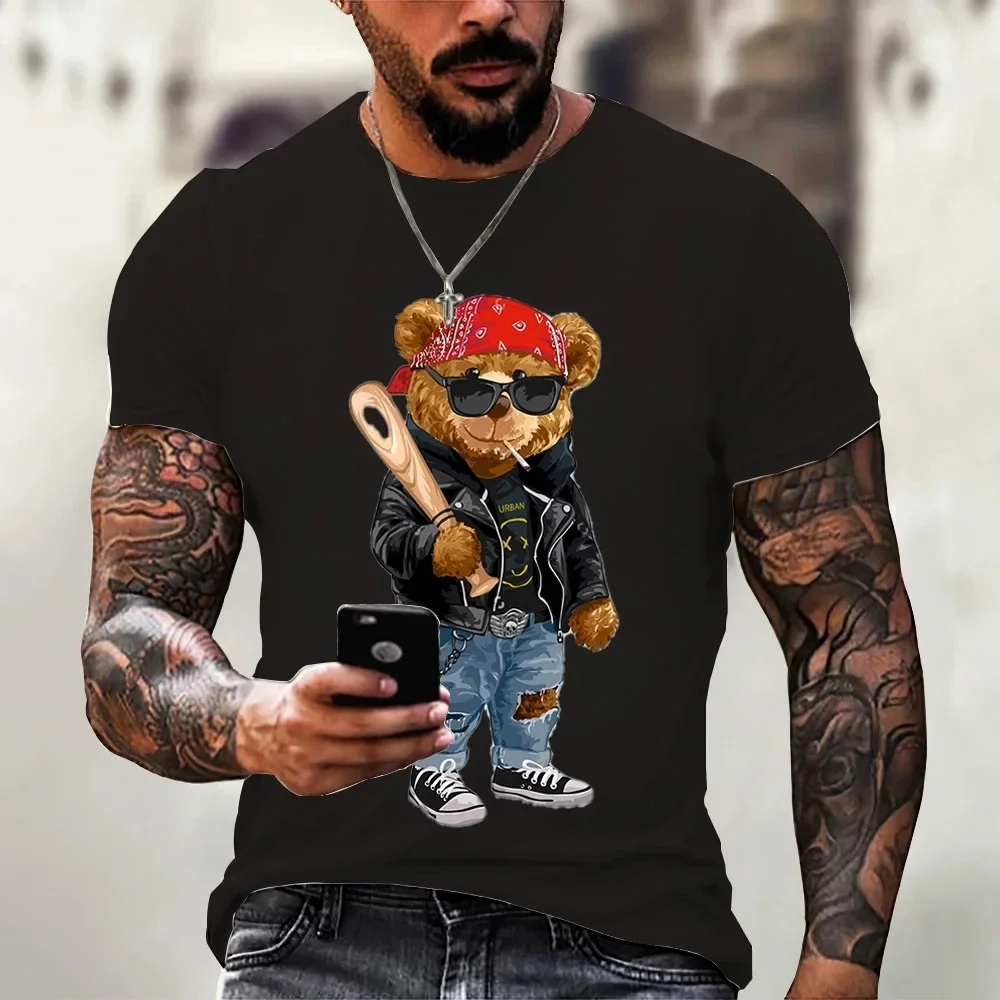 Trendy Street Style 3D Bear Print Men's T-shirt Loose Breathable Crew Neck Short Sleeve Outdoor Urban Casual Top Hip-hop Clothes
