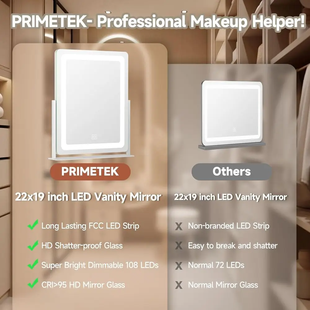 Miroir de courtoisie 19x22 éclairé par LED, lumière 3 couleurs à écran tactile, miroir de maquillage à intensité variable pour bureau ou chambre à coucher, blanc