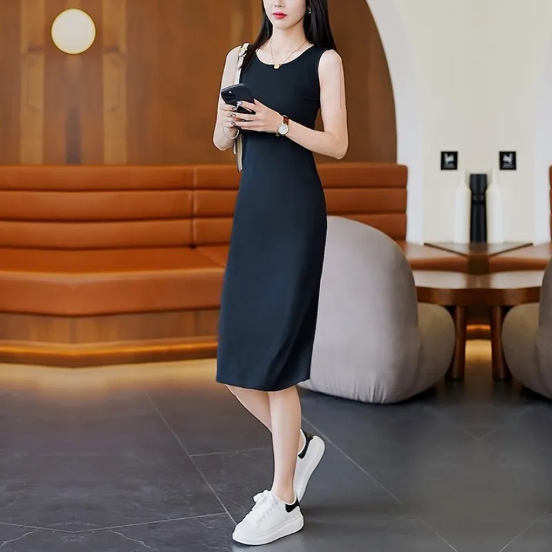 

Women's Solid Color Sleeveless Round Neck Summer Casual Loose Knee Skirts A-Line Straight Office Lady Trendy All-match Dresses