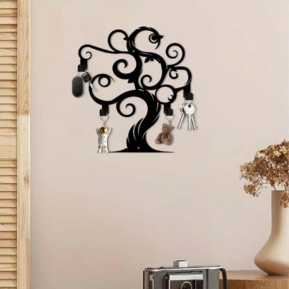 Heavy Duty Black Metal Tree of Life Wall Hook - 11.81 inch Forged Iron Bohemian Coat Key Rack for Kitchen Bathroom Office, Easy