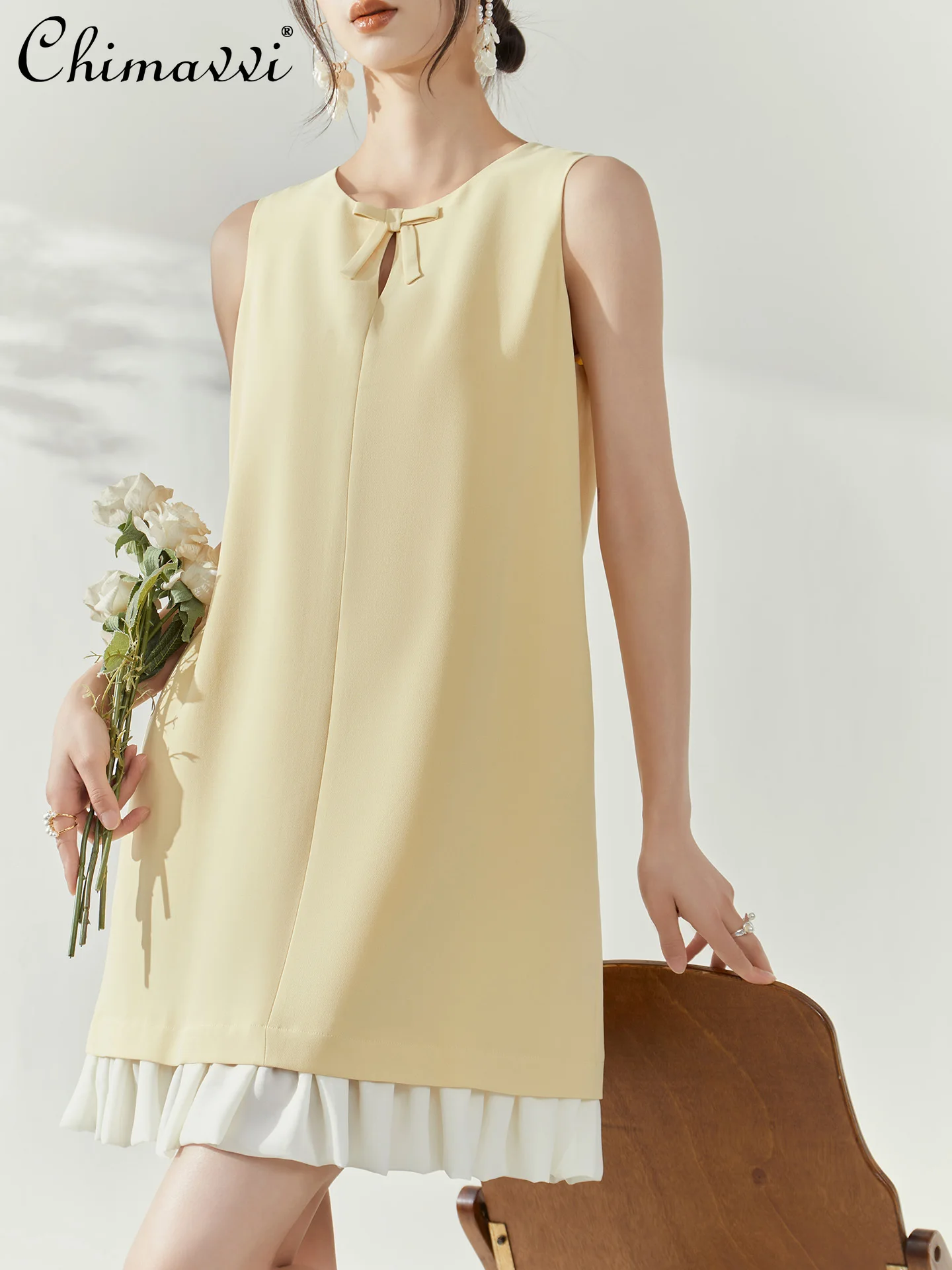 

French Elegant Socialite Sleeveless Tank Dresses Summer Crew Neck Bow Loose High Waist A-line Temperament Short Dress For Women