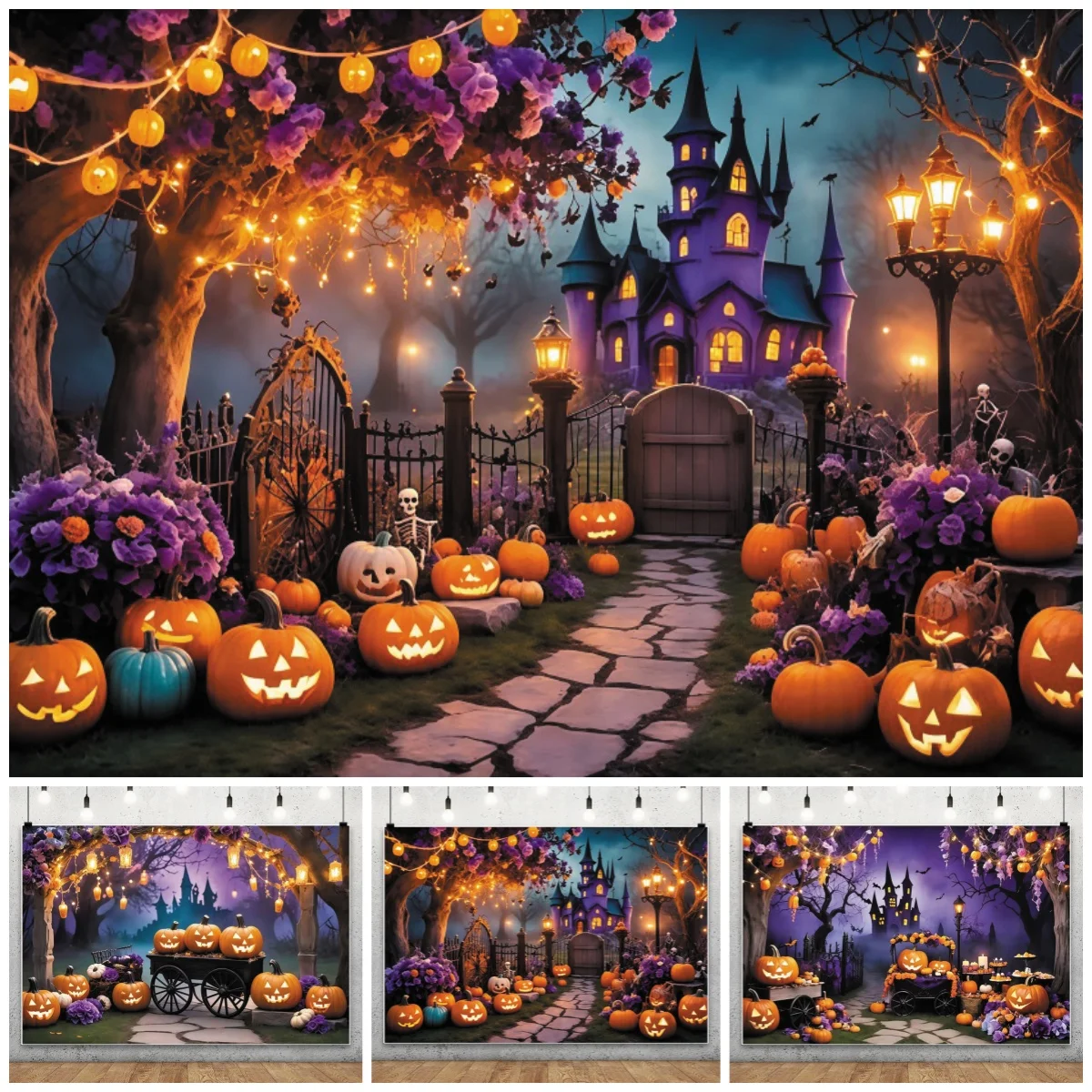 Halloween Photography Backdrop Spooky Castle Pumpkin Skeleton Purple Floral Background kids Birthday Party Portrait Photo Studio