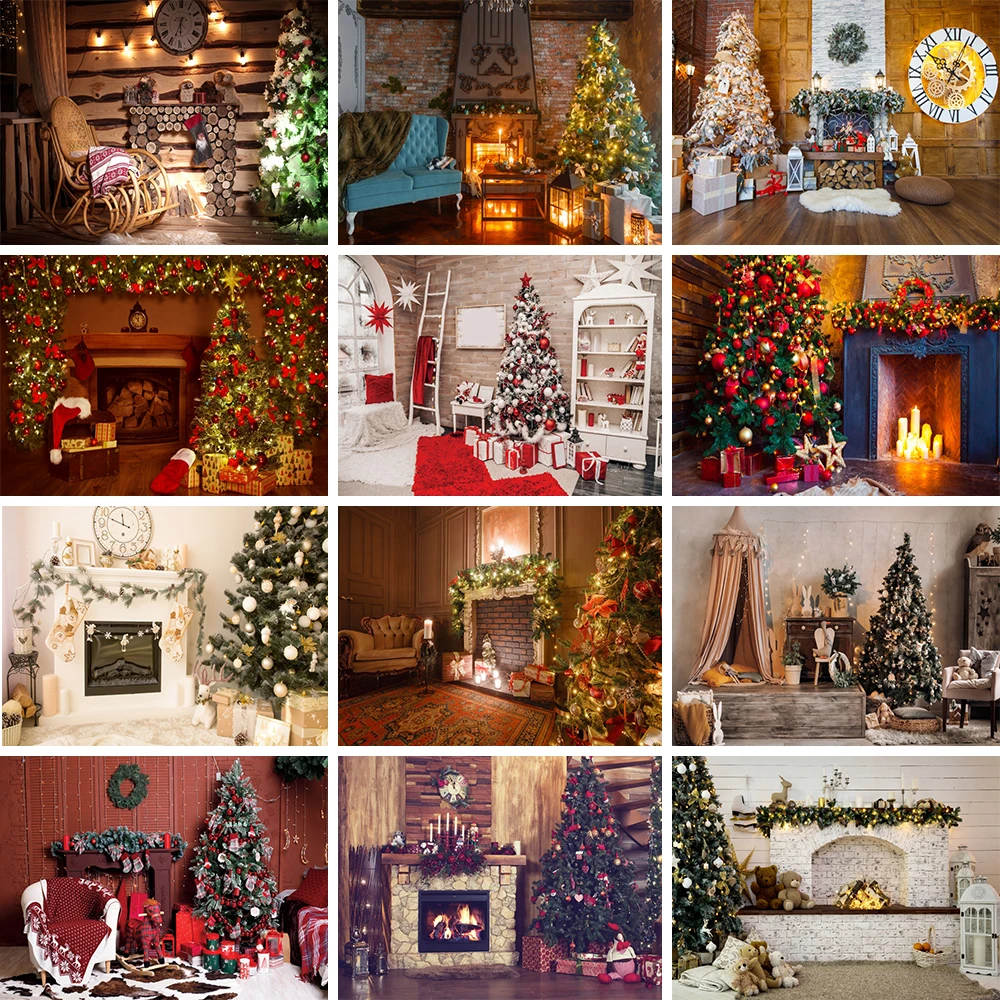 

Laeacco Christmas Tree Lights Fireplace Gifts Sofa Interior Photography Backdrops Backgrounds Family Portrait Photocall Props