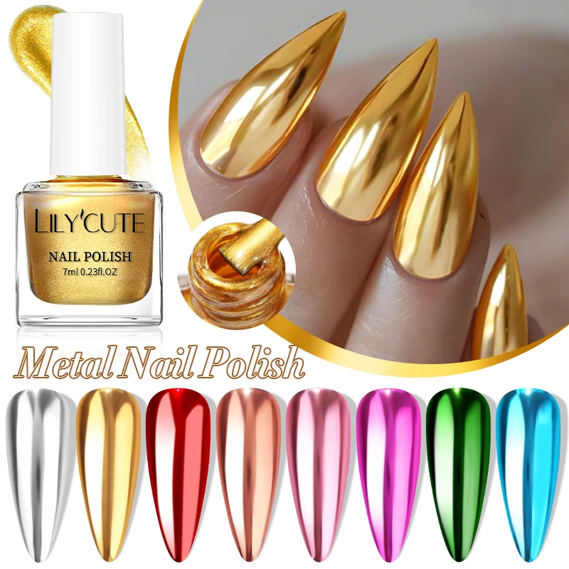 LILYCUTE Smalto per unghie metallizzato super luminoso da 7 ml, senza bisogno di lampada, bottiglia di vetro stile francese ad asciugatura rapida, smalto regolare per nail art
