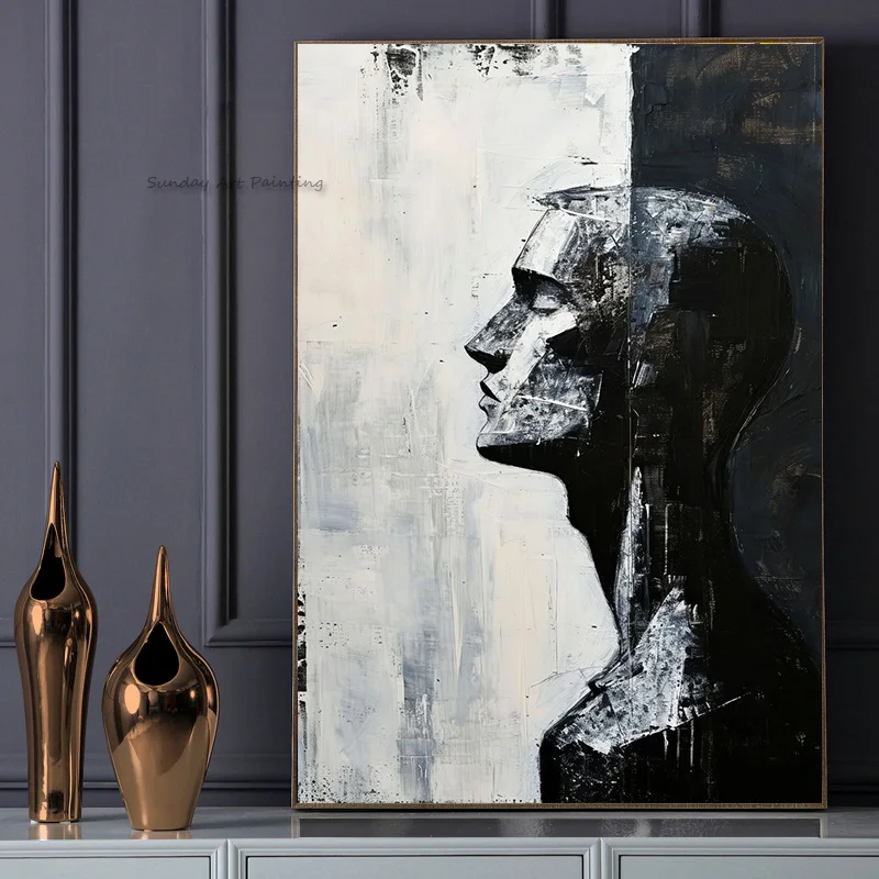 Black And White Abstract Men Portrait Canvas Oil Painting Abstract New Design Handpainted Pure Black People Face Wall Art Decor