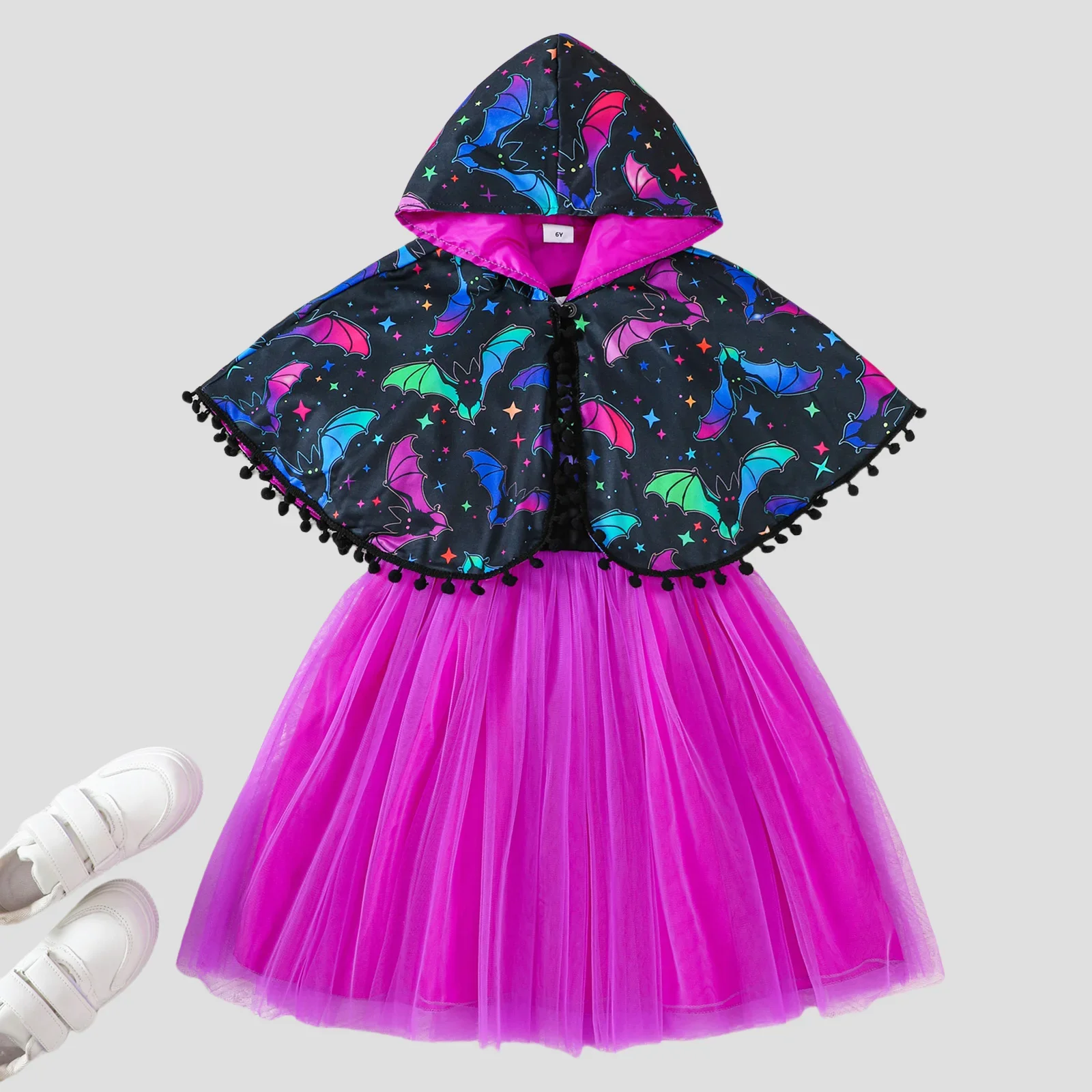 

Halloween Toddler Girl Costume Set Neon Bat Print Tulle Dress with Cape Autumn 2-6Y Girls Festival Clothes
