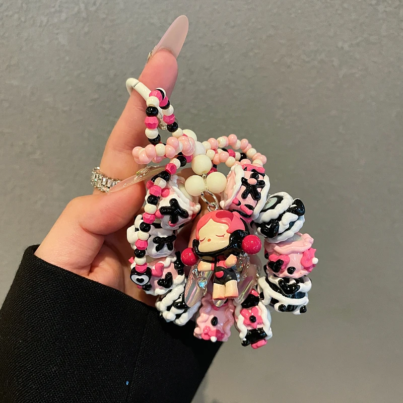 New POP BEAN Diy Beaded Kawaii Skullpanda Bean Bowknot Cute Keychian Fashion Phone Chain for Girls Bag Pendant Accessories Gift