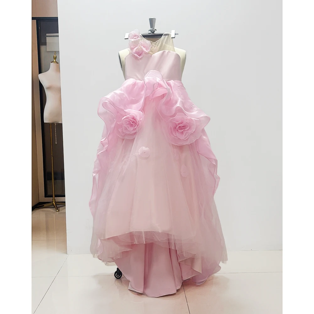 Exquisite Ruched Flowers Girl Dresses Pink O-Neck Floor Length Sweep Train Ball Gowns Wedding Party Pageant Dresses for Girls