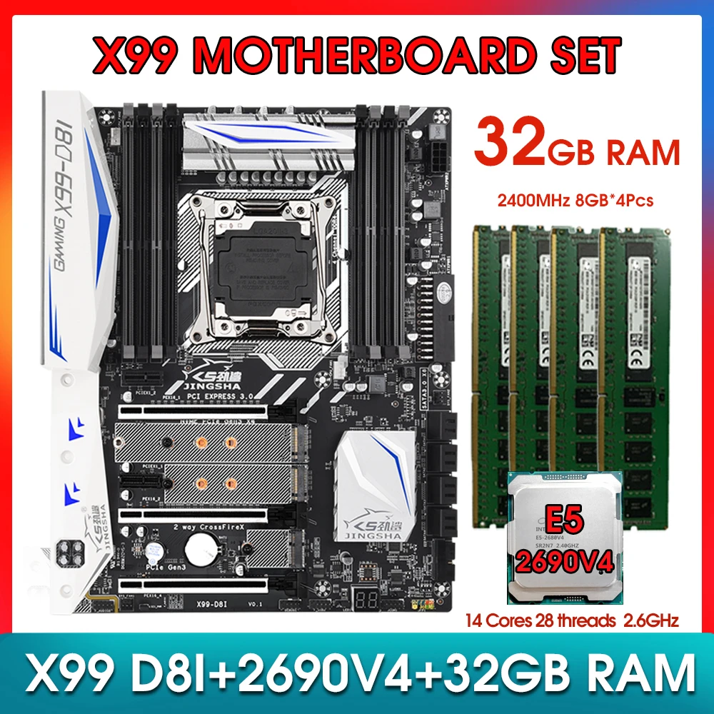 JINGSHA X99 D8I Motherboard Set with xeon e5 2690 V4 CPU + 32GB(4*8G) 2400MHz DDR4 RAM Combo Kit Xeon X99 LGA 2011 V3