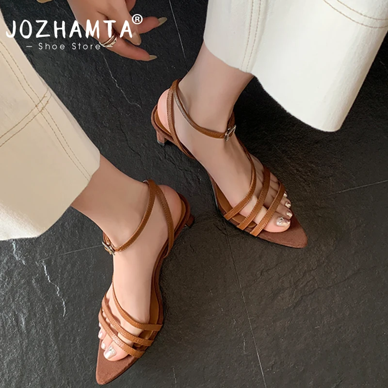 JOZHAMTA Size 34-39 Women Straps Sandals Real Leather Kitten High Heels Summer Shoes 2025 Ins Fashion Office Lady Daily Dress