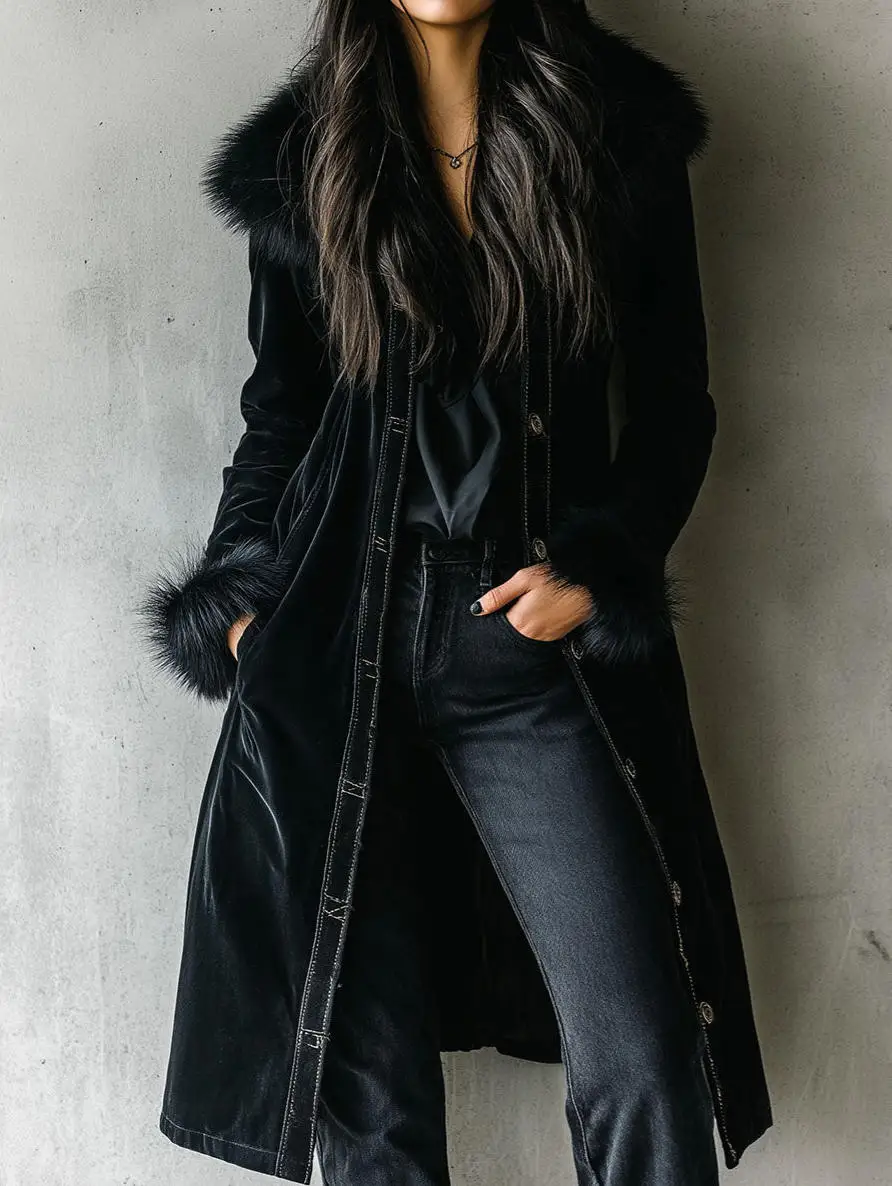 Elegant Women Velvet Long Trench Coat Faux Fur Collar Luxury Warm Winter Coat Single-breasted Outerwear for Party Daily Wear