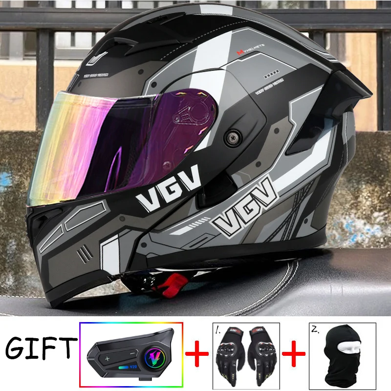 

VGV Double Lens flip up helmet Openable motorcycle helmet come with wireless headset gloves headgear Value Promotional Packages