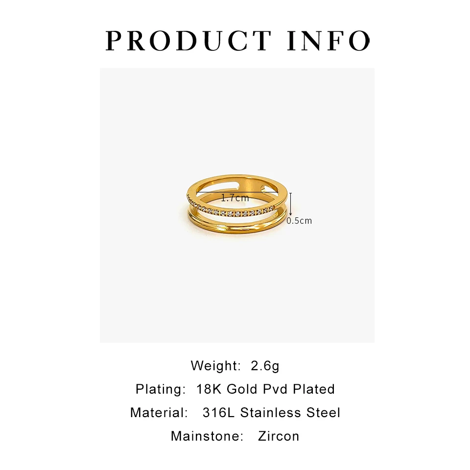 Peri\'sbox Dainty Double Layer Hollow Zircon Rings for Women Stainless Steel 18K Pvd Gold Plated Wedding Band Party Daily Jewelry